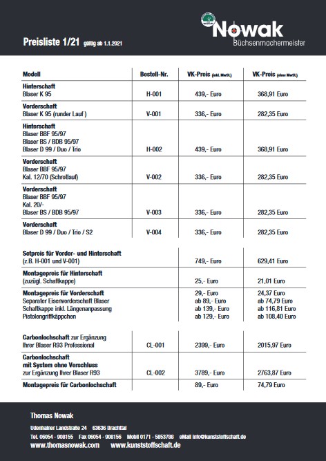 Vorschau PreislisteKunststoffschaft